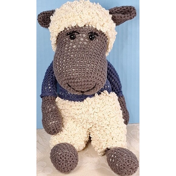 Handmade Crocheted LAMB Stuffed Animal White n Gray 13"ish Plush Button Eyes - Picture 1 of 9